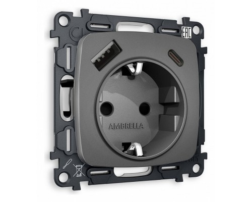 Розетка с заземлением и 2хUSB type A и C, без рамки Ambrella Volt Quant MO660010 Розетка с заземлением и 2хUSB type A и C, без рамки Ambrella Volt Quant MO660010