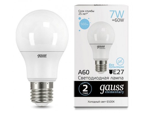 Лампа светодиодная Gauss Led Elementary A60 E27 7Вт 6500K 23237A Лампа светодиодная Gauss Led Elementary A60 E27 7Вт 6500K 23237A