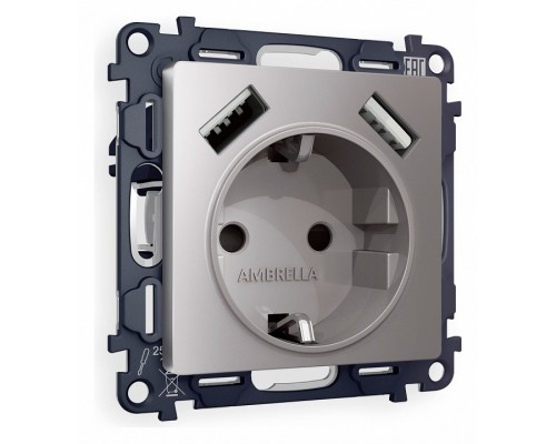 Розетка с заземлением и со шторкой и 2хUSB type A, без рамки Ambrella Volt Quant MA509010 Розетка с заземлением и со шторкой и 2хUSB type A, без рамки Ambrella Volt Quant MA509010