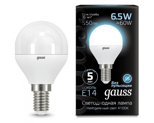 Лампа светодиодная Gauss LED Globe E14 6.5Вт 4100K 105101207 Лампа светодиодная Gauss LED Globe E14 6.5Вт 4100K 105101207