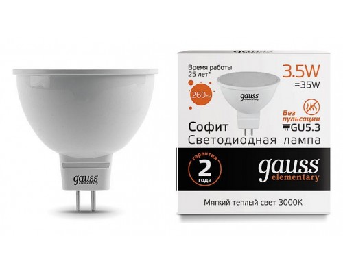 Лампа светодиодная Gauss Led Elementary MR16 GU5.3 3.5Вт 3000K 13514 Лампа светодиодная Gauss Led Elementary MR16 GU5.3 3.5Вт 3000K 13514