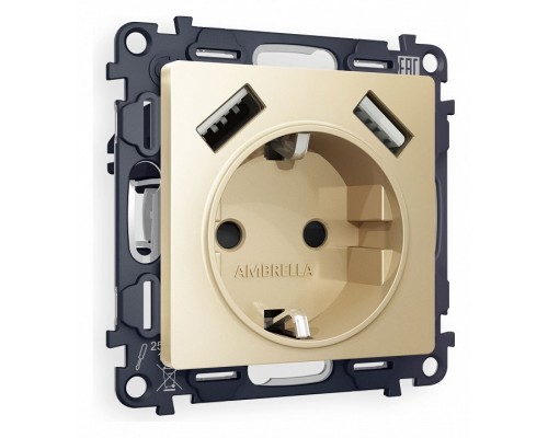 Розетка с заземлением и со шторкой и 2хUSB type A, без рамки Ambrella Volt Quant MA609010