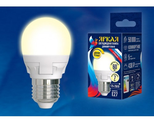 Лампа светодиодная Uniel Яркая Dim E27 7Вт 3000K LED-G45 7W/3000K/E27/FR/DIM PLP01WH картон Лампа светодиодная Uniel Яркая Dim E27 7Вт 3000K LED-G45 7W/3000K/E27/FR/DIM PLP01WH картон