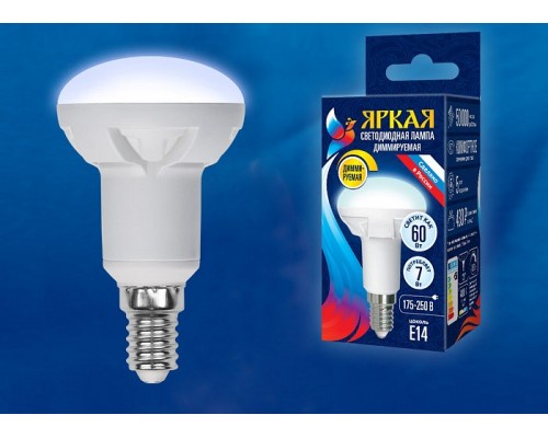 Лампа светодиодная Uniel Яркая Dim E14 7Вт 4000K LED-R50 7W/4000K/E14/FR/DIM PLP01WH картон Лампа светодиодная Uniel Яркая Dim E14 7Вт 4000K LED-R50 7W/4000K/E14/FR/DIM PLP01WH картон
