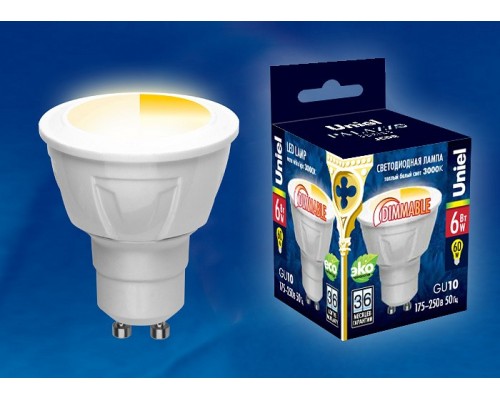 Лампа светодиодная Uniel Яркая Dim GU10 6Вт 3000K LED-JCDR 6W/WW/GU10/FR/DIM PLP01WH картон Лампа светодиодная Uniel Яркая Dim GU10 6Вт 3000K LED-JCDR 6W/WW/GU10/FR/DIM PLP01WH картон