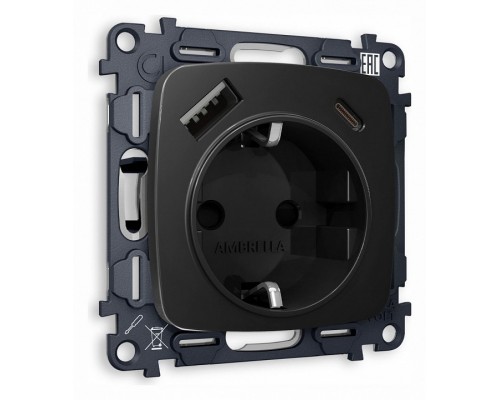 Розетка с заземлением и 2хUSB type A и C, без рамки Ambrella Volt Quant MO810010 Розетка с заземлением и 2хUSB type A и C, без рамки Ambrella Volt Quant MO810010