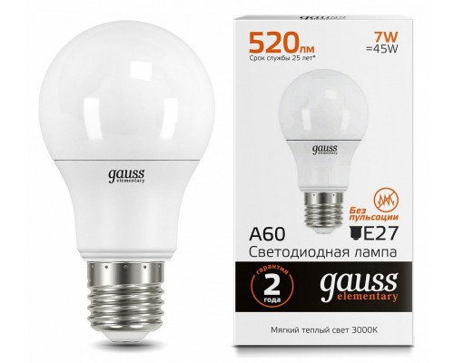 Лампа светодиодная Gauss Led Elementary A60 E27 7Вт 3000K 23217A Лампа светодиодная Gauss Led Elementary A60 E27 7Вт 3000K 23217A