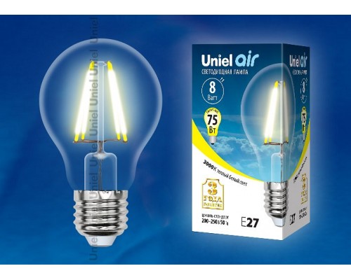 Лампа светодиодная Uniel Air E27 8Вт 3000K LED-A60-8W/WW/E27/CL GLA01TR картон Лампа светодиодная Uniel Air E27 8Вт 3000K LED-A60-8W/WW/E27/CL GLA01TR картон