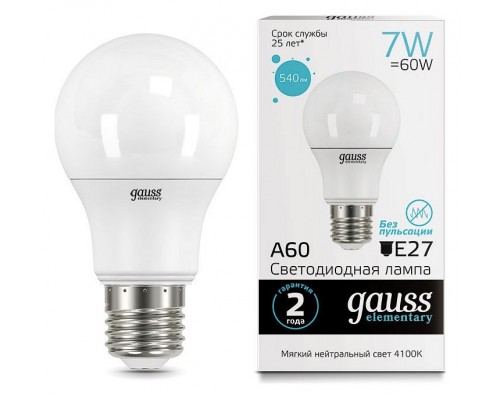 Лампа светодиодная Gauss Led Elementary A60 E27 7Вт 4100K 23227A Лампа светодиодная Gauss Led Elementary A60 E27 7Вт 4100K 23227A