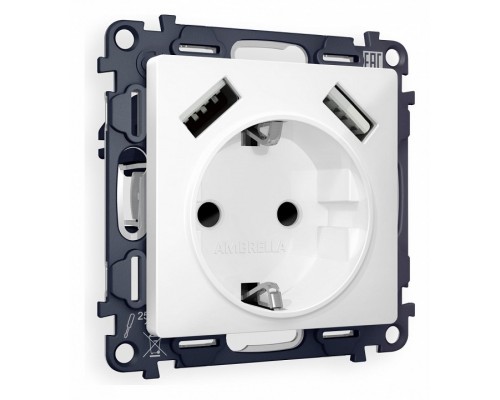 Розетка с заземлением и со шторкой и 2хUSB type A, без рамки Ambrella Volt Quant MA129010 Розетка с заземлением и со шторкой и 2хUSB type A, без рамки Ambrella Volt Quant MA129010