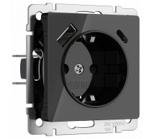 Розетка с заземлением и со шторками и 2хUSB, без рамки Werkel черный акрил W1171748