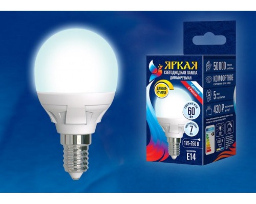 Лампа светодиодная Uniel Яркая Dim E14 7Вт 4000K LED-G45 7W/4000K/E14/FR/DIM PLP01WH картон Лампа светодиодная Uniel Яркая Dim E14 7Вт 4000K LED-G45 7W/4000K/E14/FR/DIM PLP01WH картон