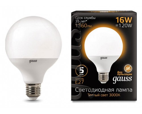 Лампа светодиодная Gauss LED G95 E27 16Вт 3000K 105102116 Лампа светодиодная Gauss LED G95 E27 16Вт 3000K 105102116