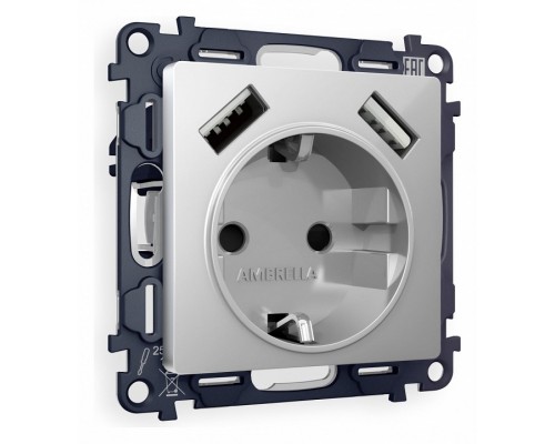Розетка с заземлением и со шторкой и 2хUSB type A, без рамки Ambrella Volt Quant MA409010 Розетка с заземлением и со шторкой и 2хUSB type A, без рамки Ambrella Volt Quant MA409010