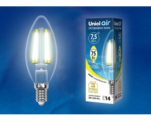Лампа светодиодная Uniel Air E14 7.5Вт 3000K LED-C35-7,5W/WW/E14/CL GLA01TR картон Лампа светодиодная Uniel Air E14 7.5Вт 3000K LED-C35-7,5W/WW/E14/CL GLA01TR картон