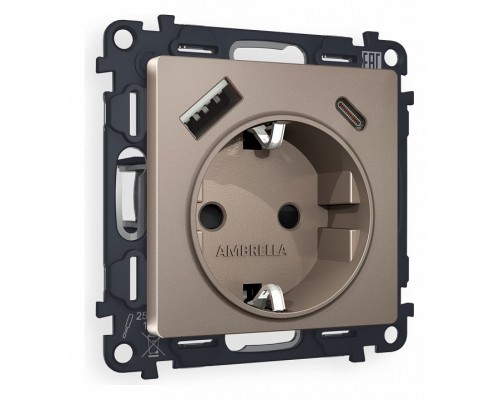 Розетка с заземлением и 2хUSB type A и C, без рамки Ambrella Volt Quant MA640010