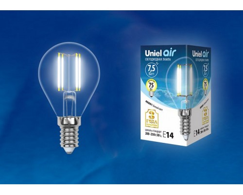 Лампа светодиодная Uniel Air E14 7.5Вт 4000K LED-G45-7,5W/NW/E14/CL GLA01TR картон Лампа светодиодная Uniel Air E14 7.5Вт 4000K LED-G45-7,5W/NW/E14/CL GLA01TR картон