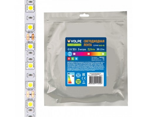 Лента светодиодная Volpe ULS-Q210 ULS-Q210 5050-30LED/m-10mm-IP20-DC12V-7,2W/m-5M-RGB катушка в герметичной упаковке Лента светодиодная Volpe ULS-Q210 ULS-Q210 5050-30LED/m-10mm-IP20-DC12V-7,2W/m-5M-RGB катушка в герметичной упаковке