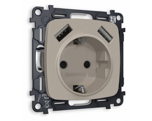 Розетка с заземлением и 2хUSB type A, без рамки Ambrella Volt Quant MO369010 Розетка с заземлением и 2хUSB type A, без рамки Ambrella Volt Quant MO369010