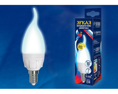 Лампа светодиодная Uniel Яркая Dim E14 7Вт 4000K LED-CW37 7W/4000K/E14/FR/DIM PLP01WH картон Лампа светодиодная Uniel Яркая Dim E14 7Вт 4000K LED-CW37 7W/4000K/E14/FR/DIM PLP01WH картон