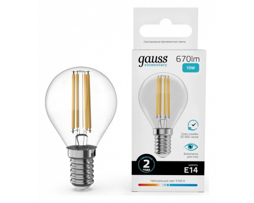 Лампа светодиодная Gauss Filament Elementary E14 10Вт 4100K 52120 Лампа светодиодная Gauss Filament Elementary E14 10Вт 4100K 52120