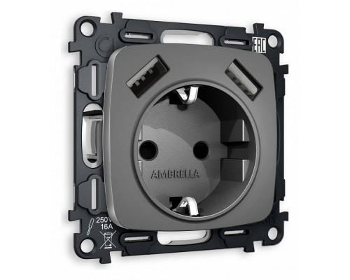 Розетка с заземлением и 2хUSB type A, без рамки Ambrella Volt Quant MO659010 Розетка с заземлением и 2хUSB type A, без рамки Ambrella Volt Quant MO659010