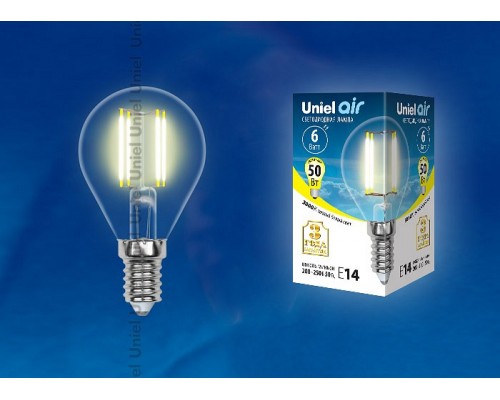 Лампа светодиодная Uniel Air E14 6Вт 3000K LED-G45-6W/WW/E14/CL GLA01TR картон Лампа светодиодная Uniel Air E14 6Вт 3000K LED-G45-6W/WW/E14/CL GLA01TR картон