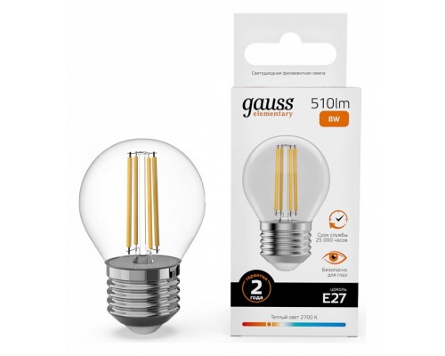 Лампа светодиодная Gauss Filament Elementary E27 8Вт 2700K 52218 Лампа светодиодная Gauss Filament Elementary E27 8Вт 2700K 52218