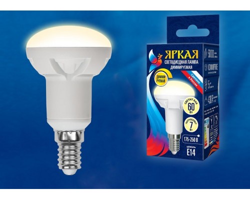 Лампа светодиодная Uniel Яркая Dim E14 7Вт 3000K LED-R50 7W/3000K/E14/FR/DIM PLP01WH картон Лампа светодиодная Uniel Яркая Dim E14 7Вт 3000K LED-R50 7W/3000K/E14/FR/DIM PLP01WH картон