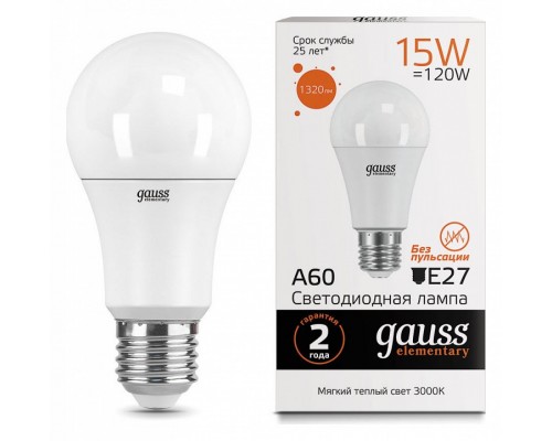 Лампа светодиодная Gauss Led Elementary A60 E27 15Вт 3000K 23215 Лампа светодиодная Gauss Led Elementary A60 E27 15Вт 3000K 23215