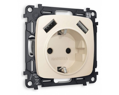 Розетка с заземлением и 2хUSB type A, без рамки Ambrella Volt Quant MO329010