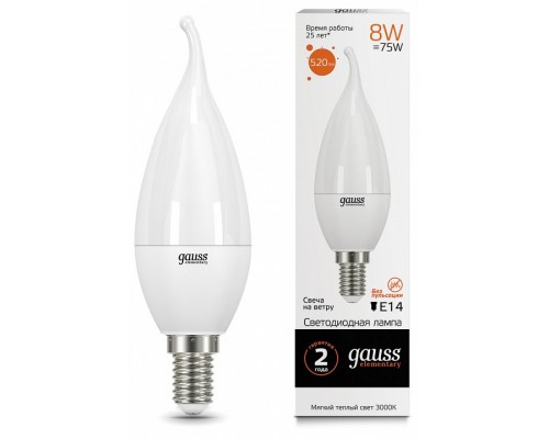 Лампа светодиодная Gauss Led Elementary Candle Tailed E14 8Вт 3000K 34118 Лампа светодиодная Gauss Led Elementary Candle Tailed E14 8Вт 3000K 34118