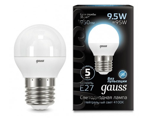 Лампа светодиодная Gauss LED Globe E27 9.5Вт 4100K 105102210 Лампа светодиодная Gauss LED Globe E27 9.5Вт 4100K 105102210