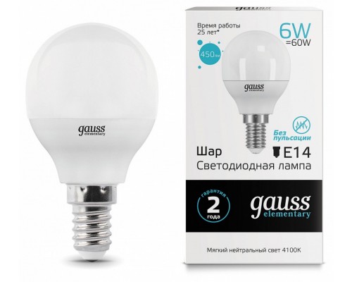 Лампа светодиодная Gauss LED Elementary Globe E14 6Вт 4100K 53126 Лампа светодиодная Gauss LED Elementary Globe E14 6Вт 4100K 53126