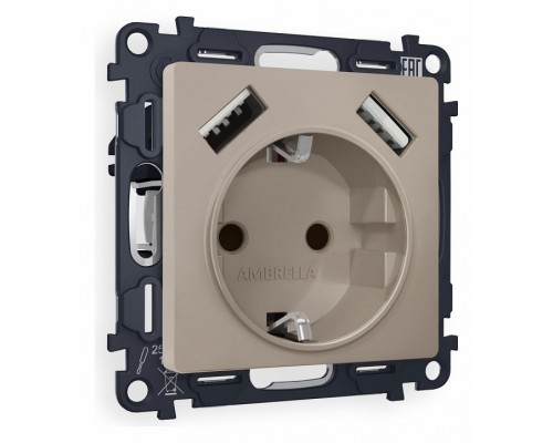 Розетка с заземлением и со шторкой и 2хUSB type A, без рамки Ambrella Volt Quant MA369010