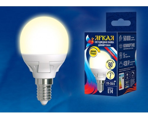 Лампа светодиодная Uniel Яркая Dim E14 7Вт 3000K LED-G45 7W/3000K/E14/FR/DIM PLP01WH картон Лампа светодиодная Uniel Яркая Dim E14 7Вт 3000K LED-G45 7W/3000K/E14/FR/DIM PLP01WH картон