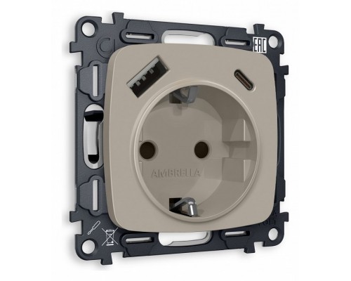 Розетка с заземлением и 2хUSB type A и C, без рамки Ambrella Volt Quant MO370010 Розетка с заземлением и 2хUSB type A и C, без рамки Ambrella Volt Quant MO370010