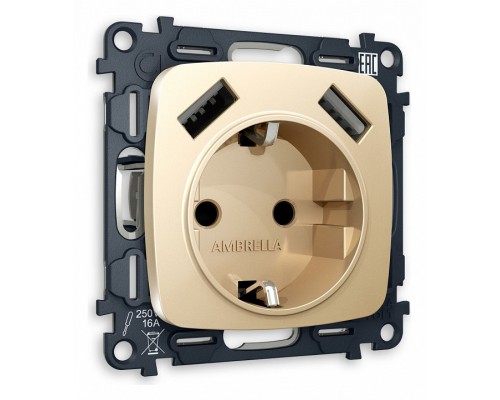 Розетка с заземлением и 2хUSB type A, без рамки Ambrella Volt Quant MO609010 Розетка с заземлением и 2хUSB type A, без рамки Ambrella Volt Quant MO609010