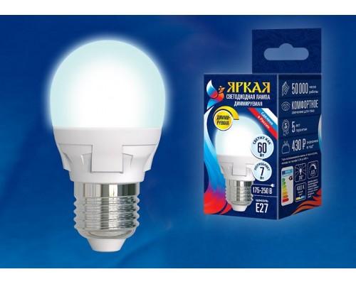 Лампа светодиодная Uniel Яркая Dim E27 7Вт 4000K LED-G45 7W/4000K/E27/FR/DIM PLP01WH картон Лампа светодиодная Uniel Яркая Dim E27 7Вт 4000K LED-G45 7W/4000K/E27/FR/DIM PLP01WH картон