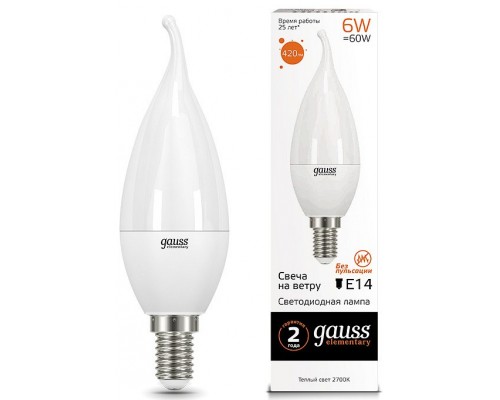 Лампа светодиодная Gauss Led Elementary Candle Tailed E14 6Вт 3000K 34116 Лампа светодиодная Gauss Led Elementary Candle Tailed E14 6Вт 3000K 34116