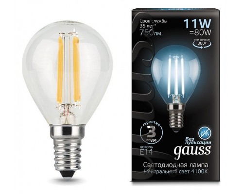 Лампа светодиодная Gauss LED Filament E14 11Вт 4100K 105801211 Лампа светодиодная Gauss LED Filament E14 11Вт 4100K 105801211