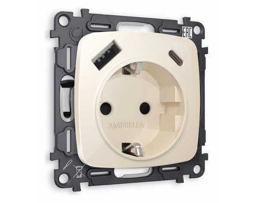 Розетка с заземлением и 2хUSB type A и C, без рамки Ambrella Volt Quant MO310010 Розетка с заземлением и 2хUSB type A и C, без рамки Ambrella Volt Quant MO310010