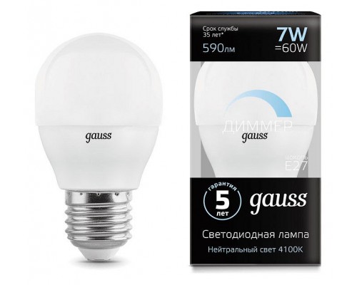 Лампа светодиодная Gauss LED Globe-dim E27 7Вт 4100K 105102207-D Лампа светодиодная Gauss LED Globe-dim E27 7Вт 4100K 105102207-D