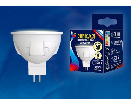 Лампа светодиодная Uniel Яркая Dim GU5.3 6Вт 3000K LED-JCDR 6W/WW/GU5.3/FR/DIM PLP01WH картон Лампа светодиодная Uniel Яркая Dim GU5.3 6Вт 3000K LED-JCDR 6W/WW/GU5.3/FR/DIM PLP01WH картон