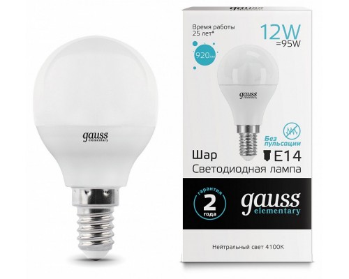 Лампа светодиодная Gauss LED Elementary E14 12Вт 4100K 53122 Лампа светодиодная Gauss LED Elementary E14 12Вт 4100K 53122