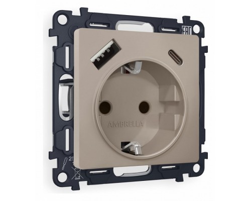 Розетка с заземлением и 2хUSB type A и C, без рамки Ambrella Volt Quant MA370010 Розетка с заземлением и 2хUSB type A и C, без рамки Ambrella Volt Quant MA370010