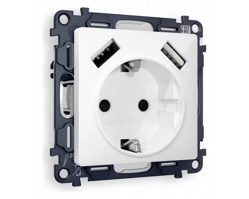 Розетка с заземлением и со шторкой и 2хUSB type A, без рамки Ambrella Volt Quant MA109010 Розетка с заземлением и со шторкой и 2хUSB type A, без рамки Ambrella Volt Quant MA109010