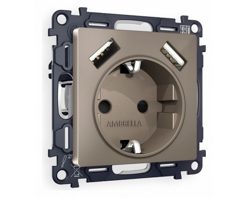 Розетка с заземлением и со шторкой и 2хUSB type A, без рамки Ambrella Volt Quant MA639010 Розетка с заземлением и со шторкой и 2хUSB type A, без рамки Ambrella Volt Quant MA639010