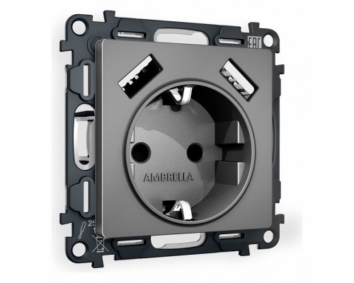 Розетка с заземлением и со шторкой и 2хUSB type A, без рамки Ambrella Volt Quant MA659010 Розетка с заземлением и со шторкой и 2хUSB type A, без рамки Ambrella Volt Quant MA659010
