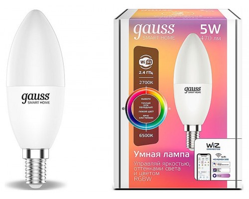 Лампа светодиодная Gauss Smart Home E14 5Вт 2700-6500K 1190112 Лампа светодиодная Gauss Smart Home E14 5Вт 2700-6500K 1190112